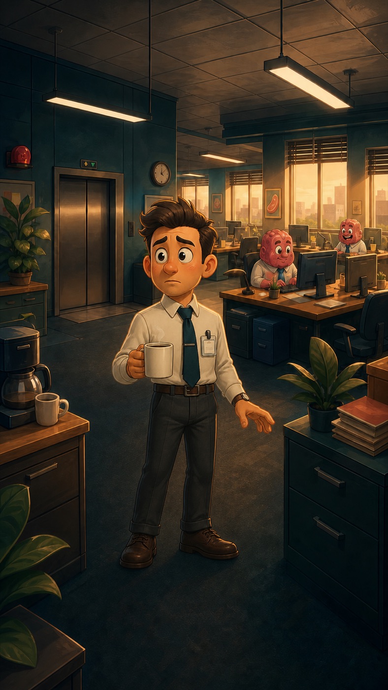 A worried human employee holding a coffee mug inside Meat Corp